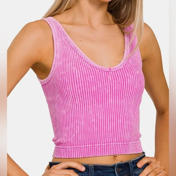 Zenana Neon Moon Hot Pink Acid Wash Ribbed Knit Round Neck Cropped Tank Crop Top - Picture 1 of 3